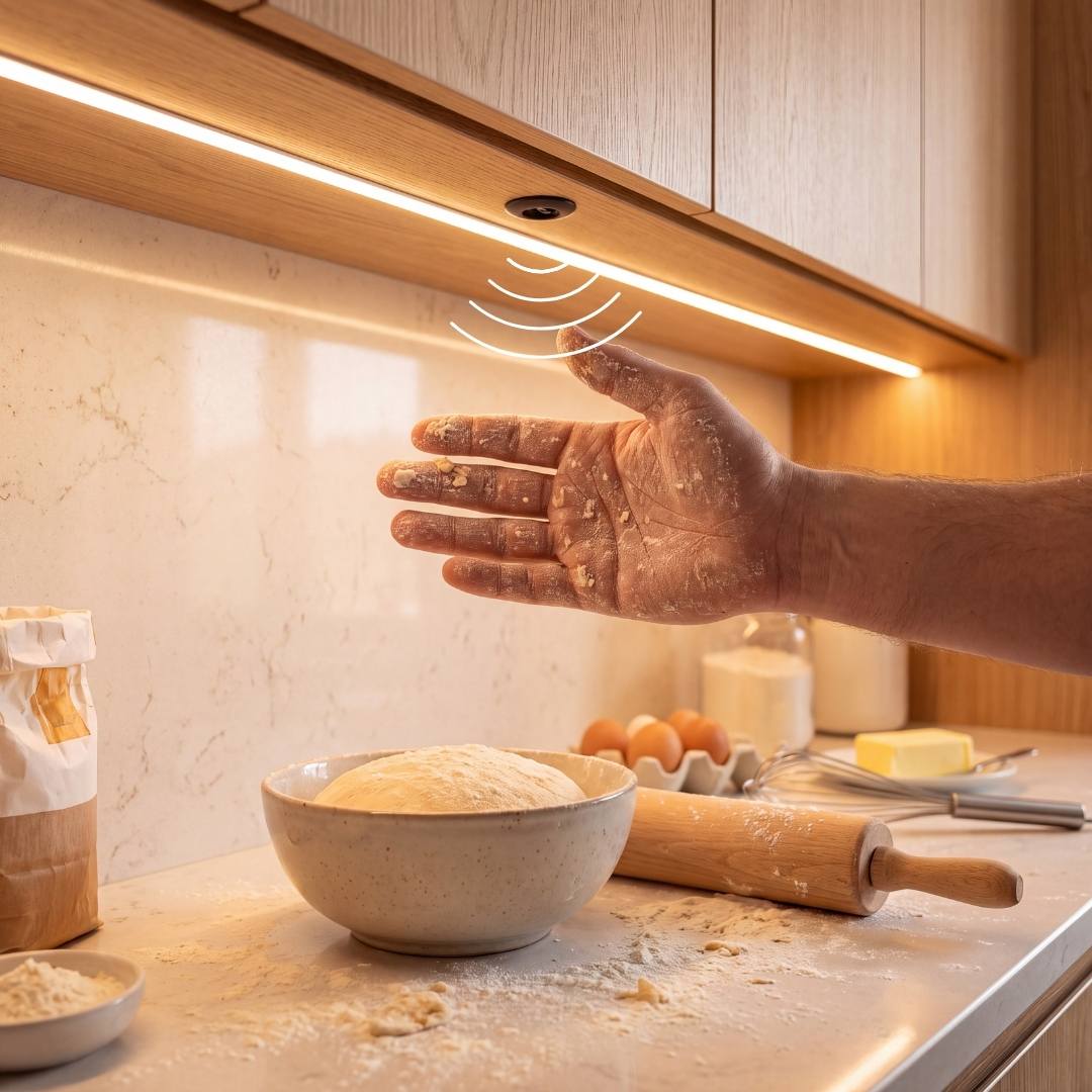Mano con harina encendiendo cinta LED de cocina con sensor sin contacto