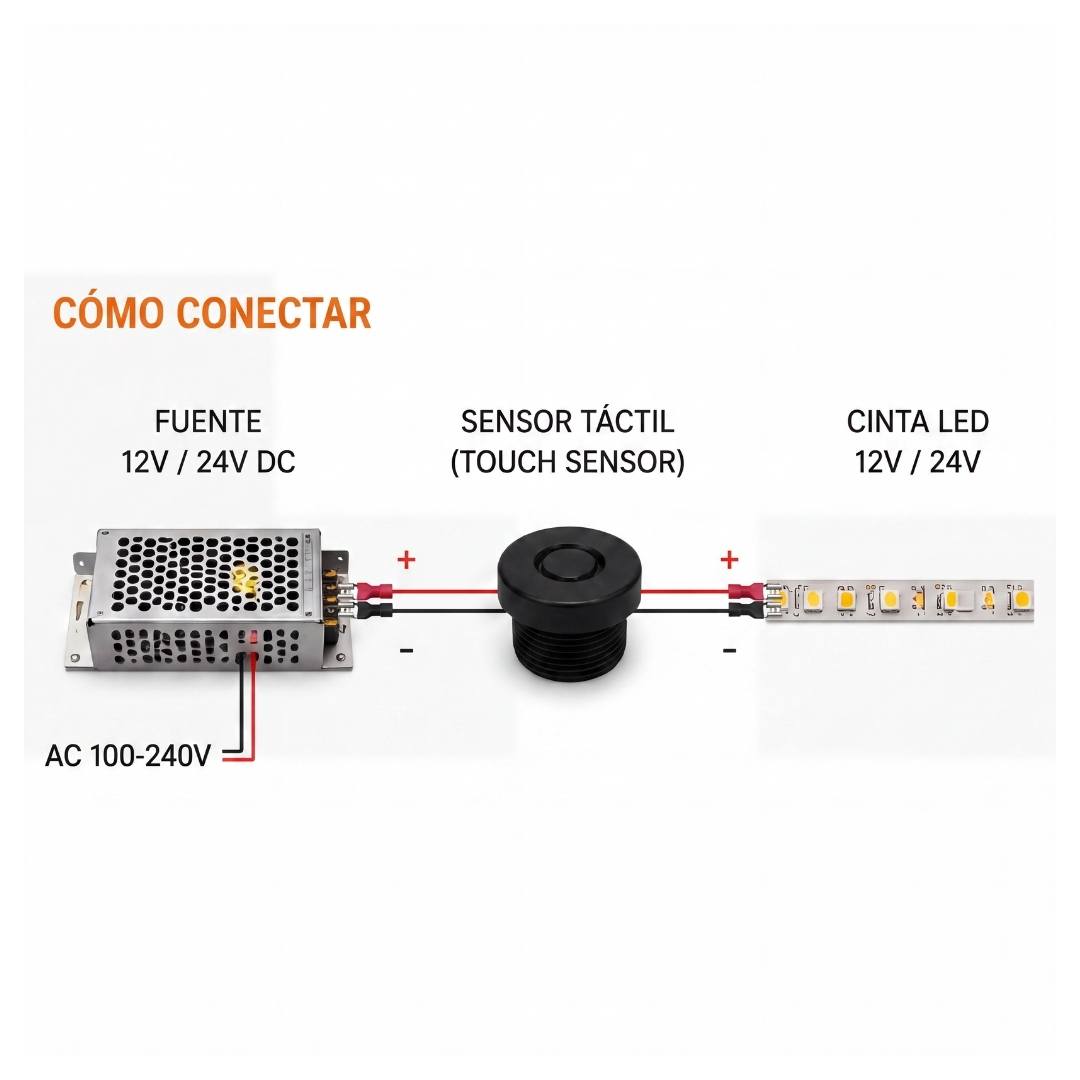 Esquema de conexión del sensor táctil entre fuente y cinta LED 12V 24V