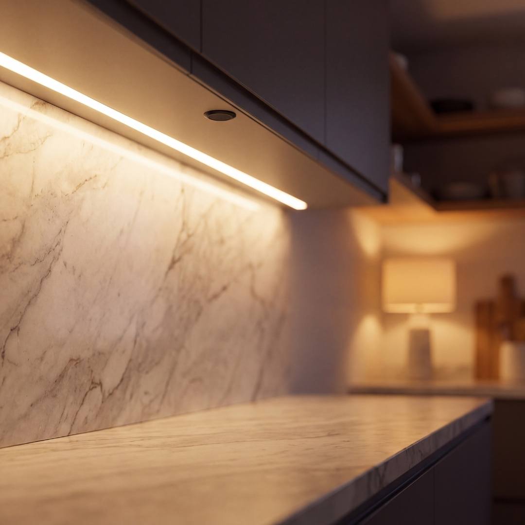 Cinta LED cálida bajo alacena de cocina activada con sensor táctil discreto