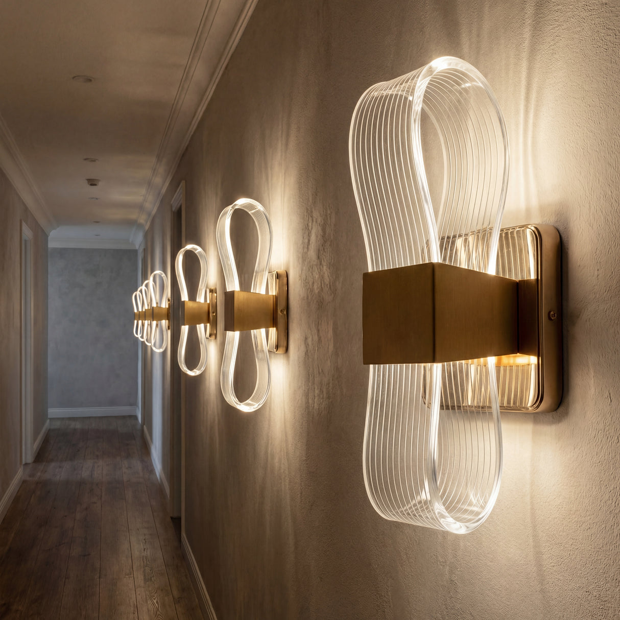 Serie de lamparas de pared Flow Gold instaladas de forma vertical en un pasillo largo.