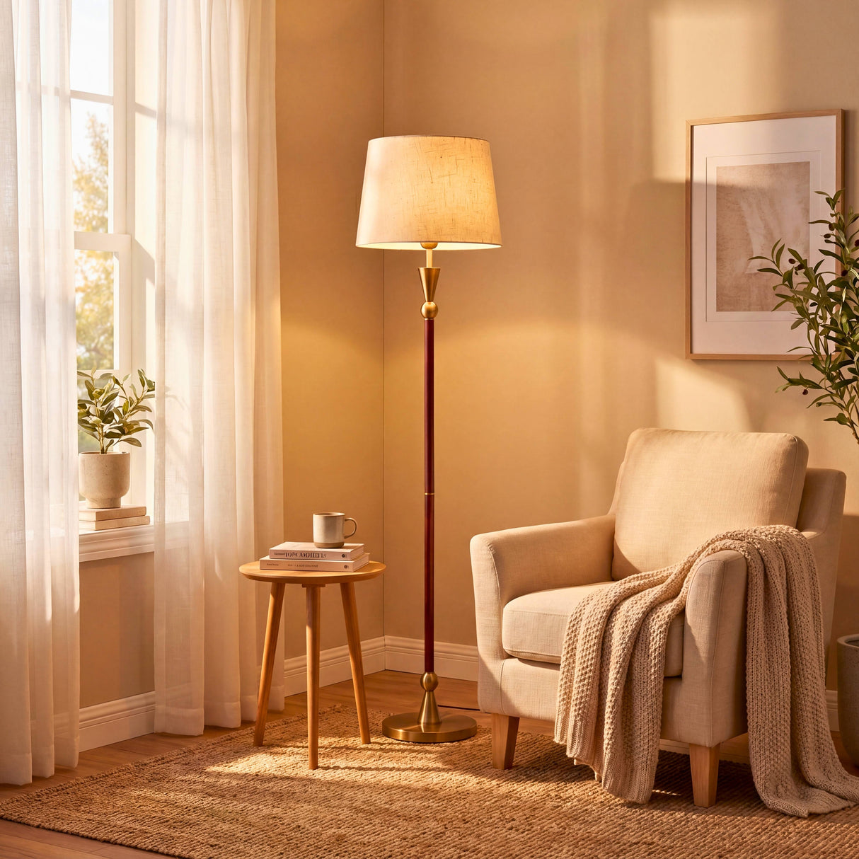 Sillón beige con manta en rincón de lectura residencial iluminado de forma cenital por lámpara premium.