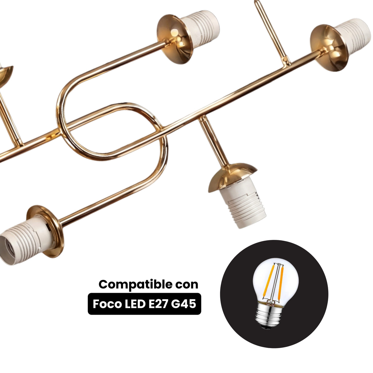 Vista de los sockets compatibles con focos LED E27 en la estructura dorada de la lampara.