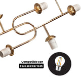 Vista de los sockets compatibles con focos LED E27 en la estructura dorada de la lampara.