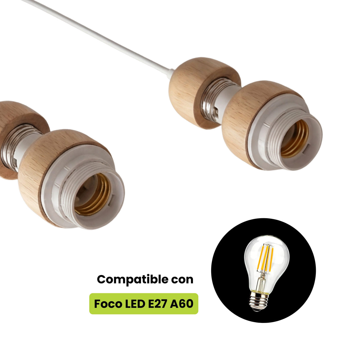 Sockets E27 con acabado en madera compatibles con focos LED A60.