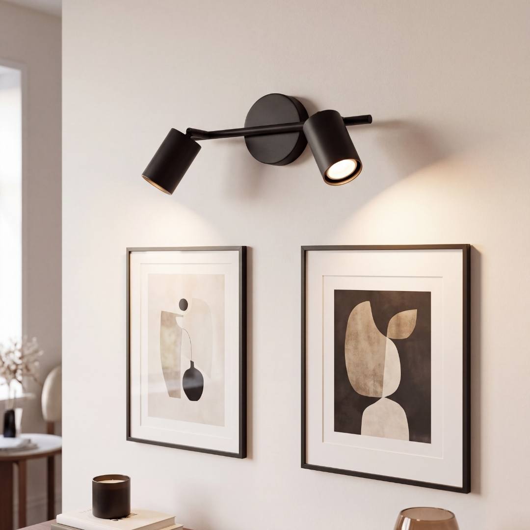 Spot doble iluminando cuadros enmarcados en la pared