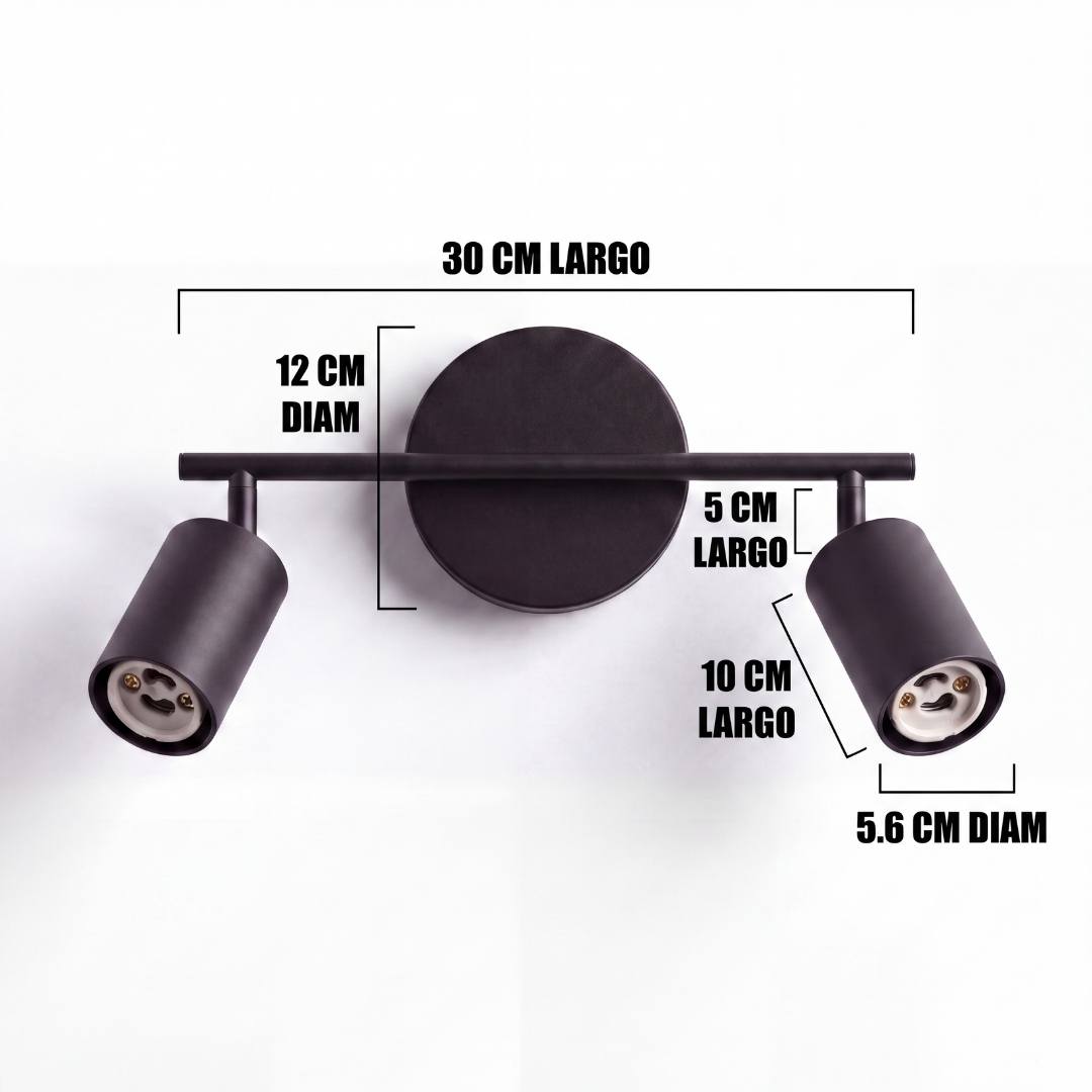 Dimensiones del spot doble Kira: barra de 30 cm y cabezales de 10 cm