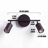 Dimensiones del spot doble Kira: barra de 30 cm y cabezales de 10 cm