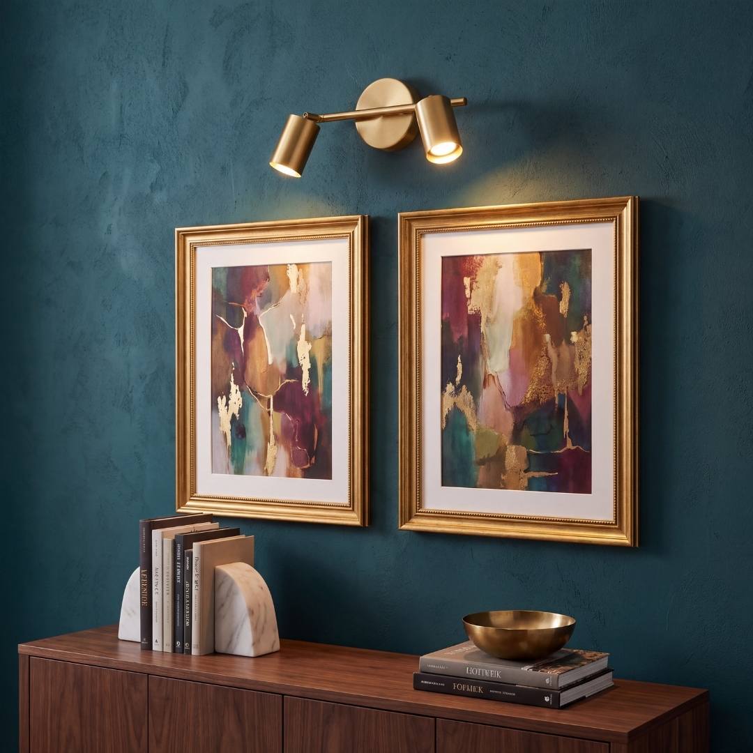 Spot doble dorado iluminando cuadros enmarcados en la pared