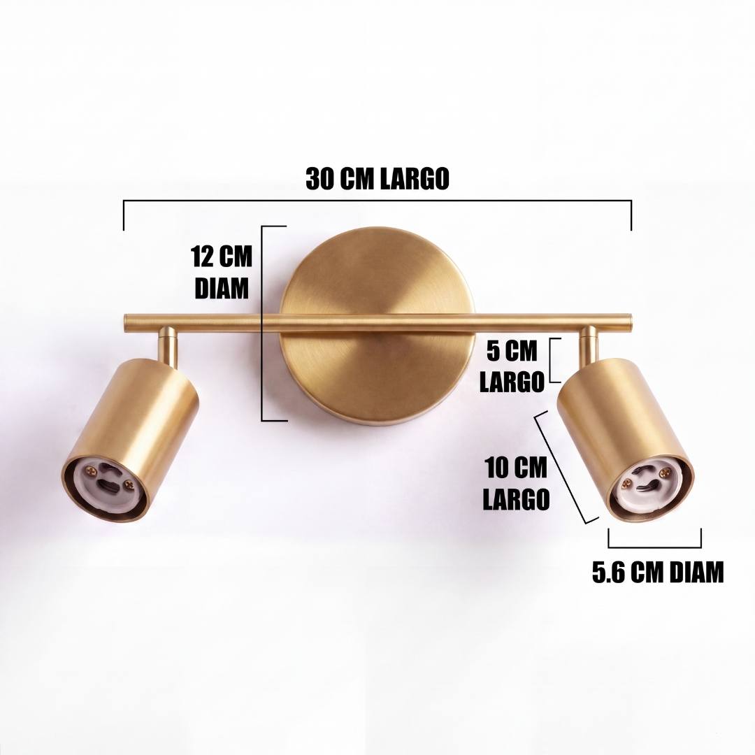 Dimensiones del spot doble Kira Gold: barra de 30 cm y cabezales de 10 cm