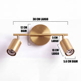 Dimensiones del spot doble Kira Gold: barra de 30 cm y cabezales de 10 cm