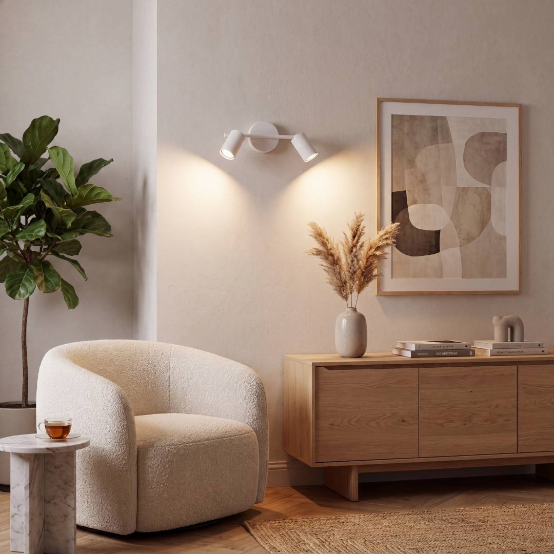 Spot doble blanco iluminando el rincón del sillón con luz cálida