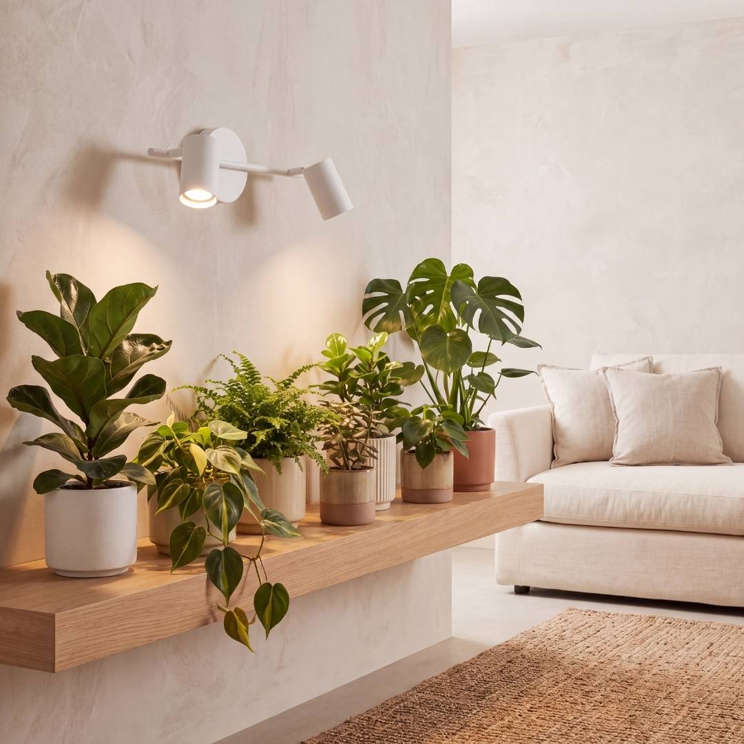 Spot doble iluminando rincón de plantas con luz cálida