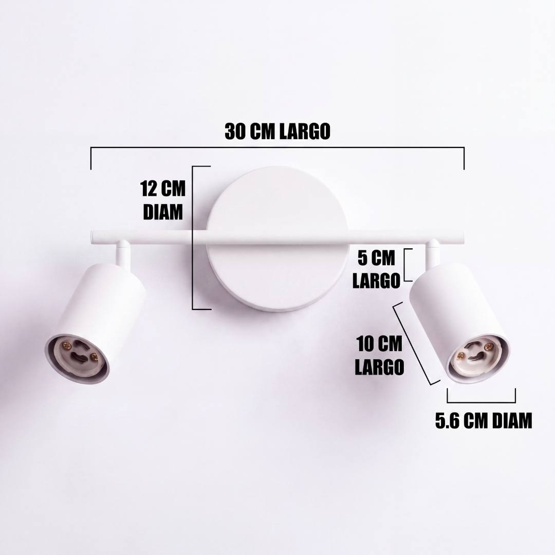 Dimensiones del spot doble Kira White: barra de 30 cm y cabezales de 10 cm