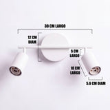 Dimensiones del spot doble Kira White: barra de 30 cm y cabezales de 10 cm