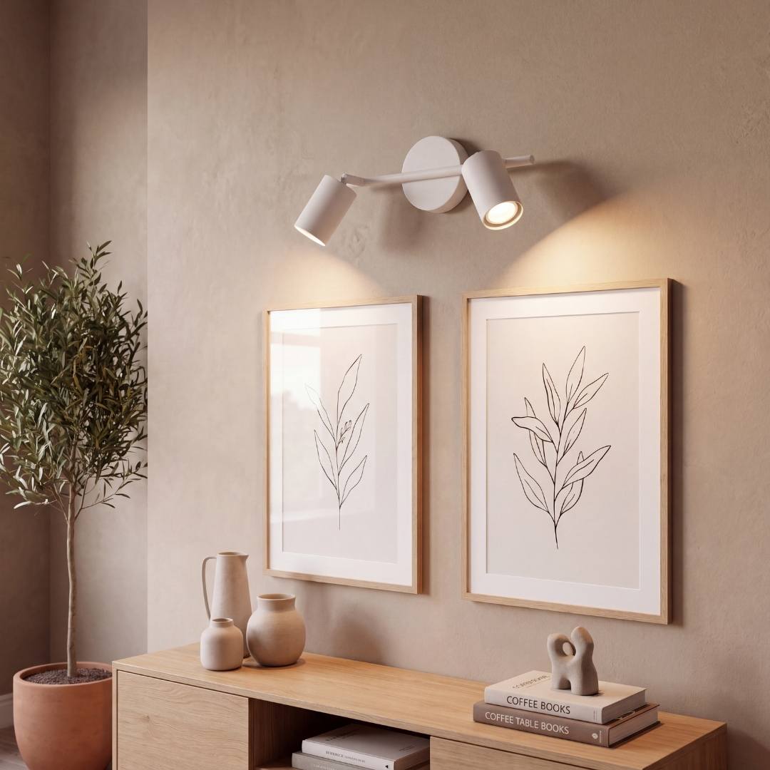 Spot doble iluminando la pared con cuadros como galería
