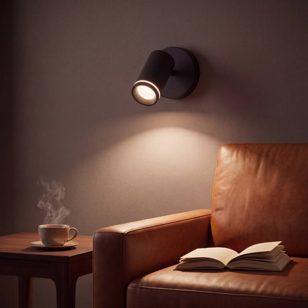 Spot dirigible negro iluminando el dormitorio con luz cálida