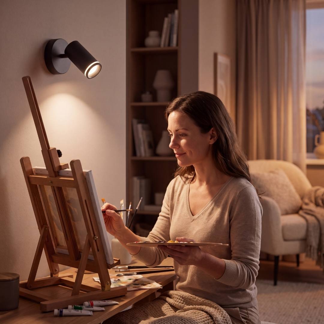 Spot de pared iluminando a mujer pintando con luz dirigida