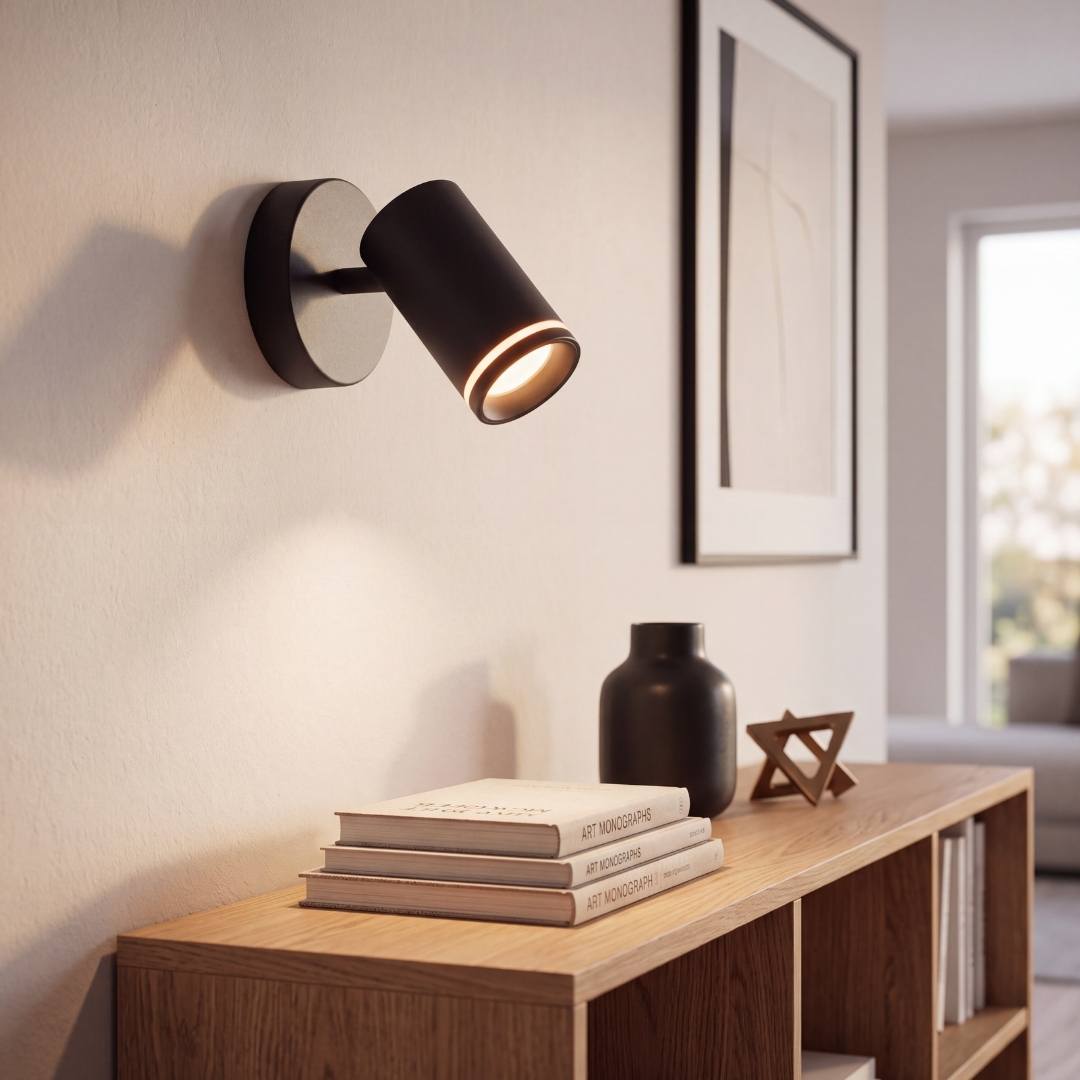 Spot negro como aplique dirigible iluminando la pared con cuadros