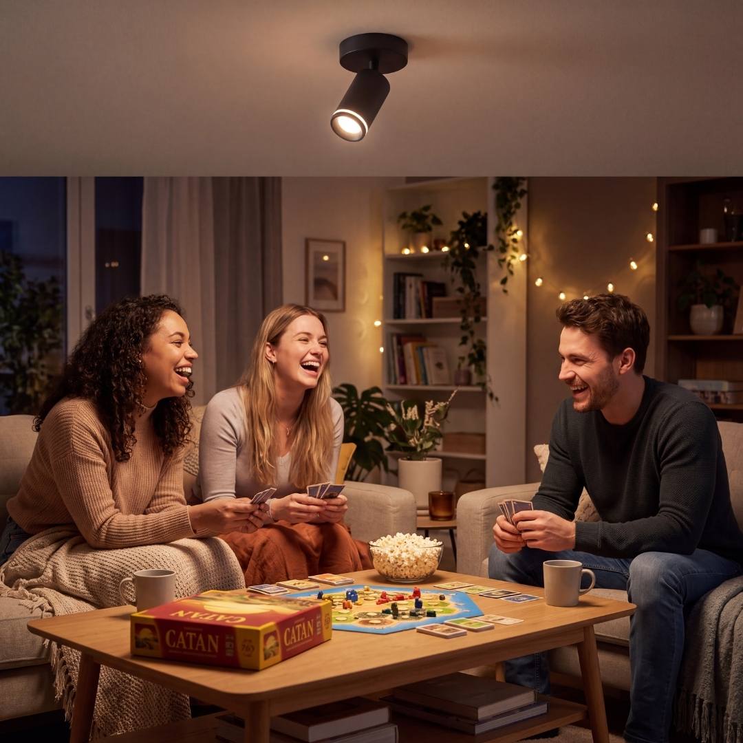 Spot encendido iluminando reunión familiar en la sala de noche