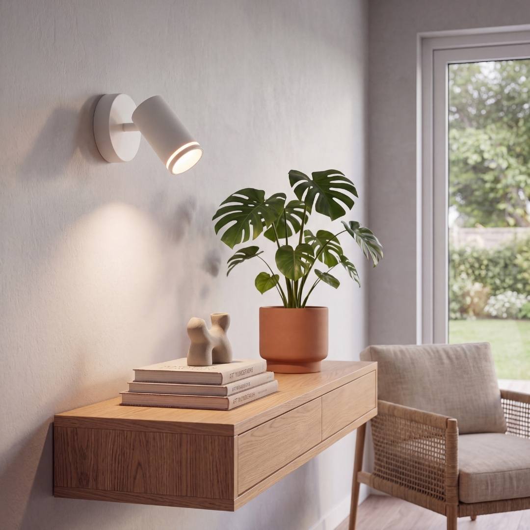 Spot blanco iluminando rincón luminoso con plantas