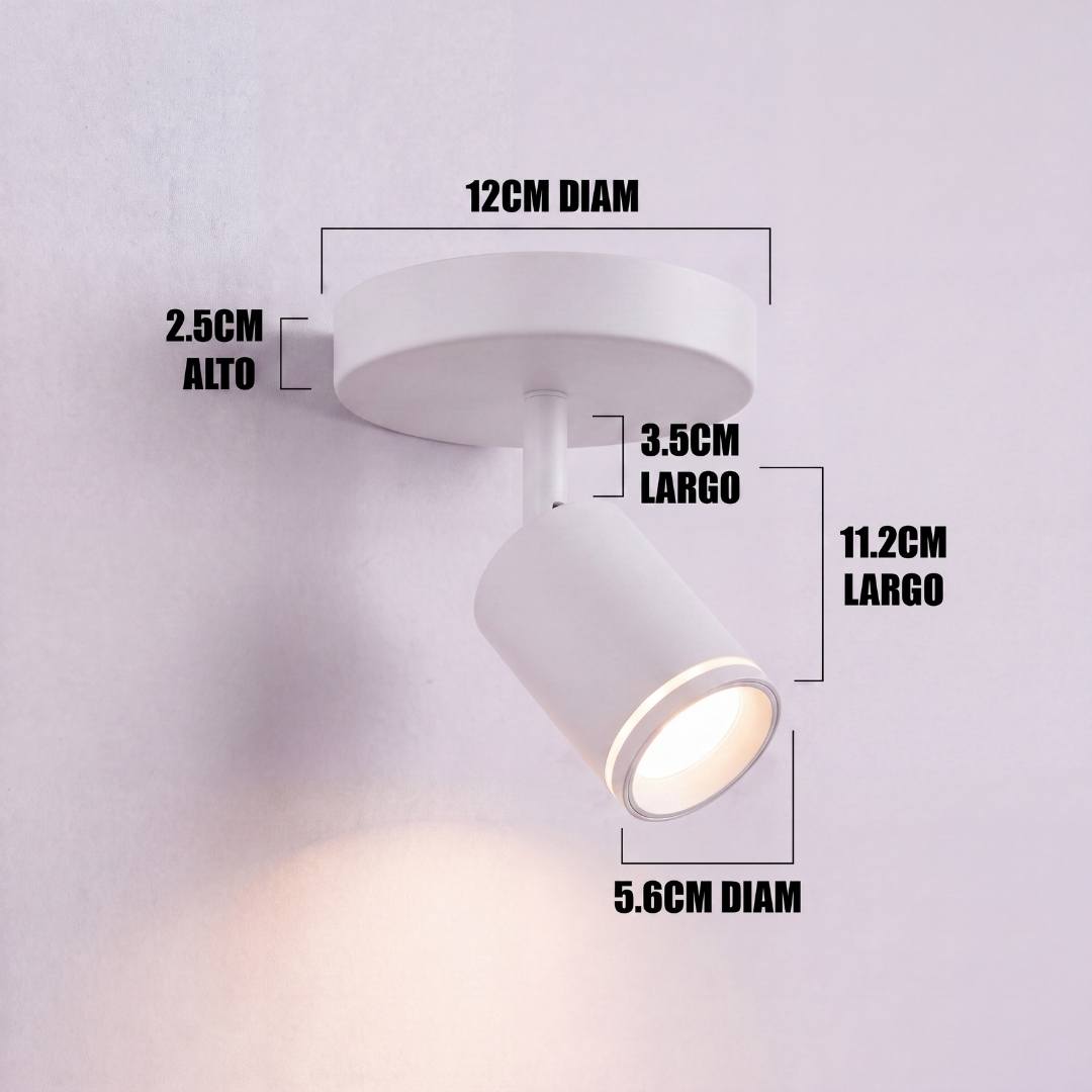 Dimensiones del spot adosable Erika White: base de 12 cm y cabezal de 11.2 cm