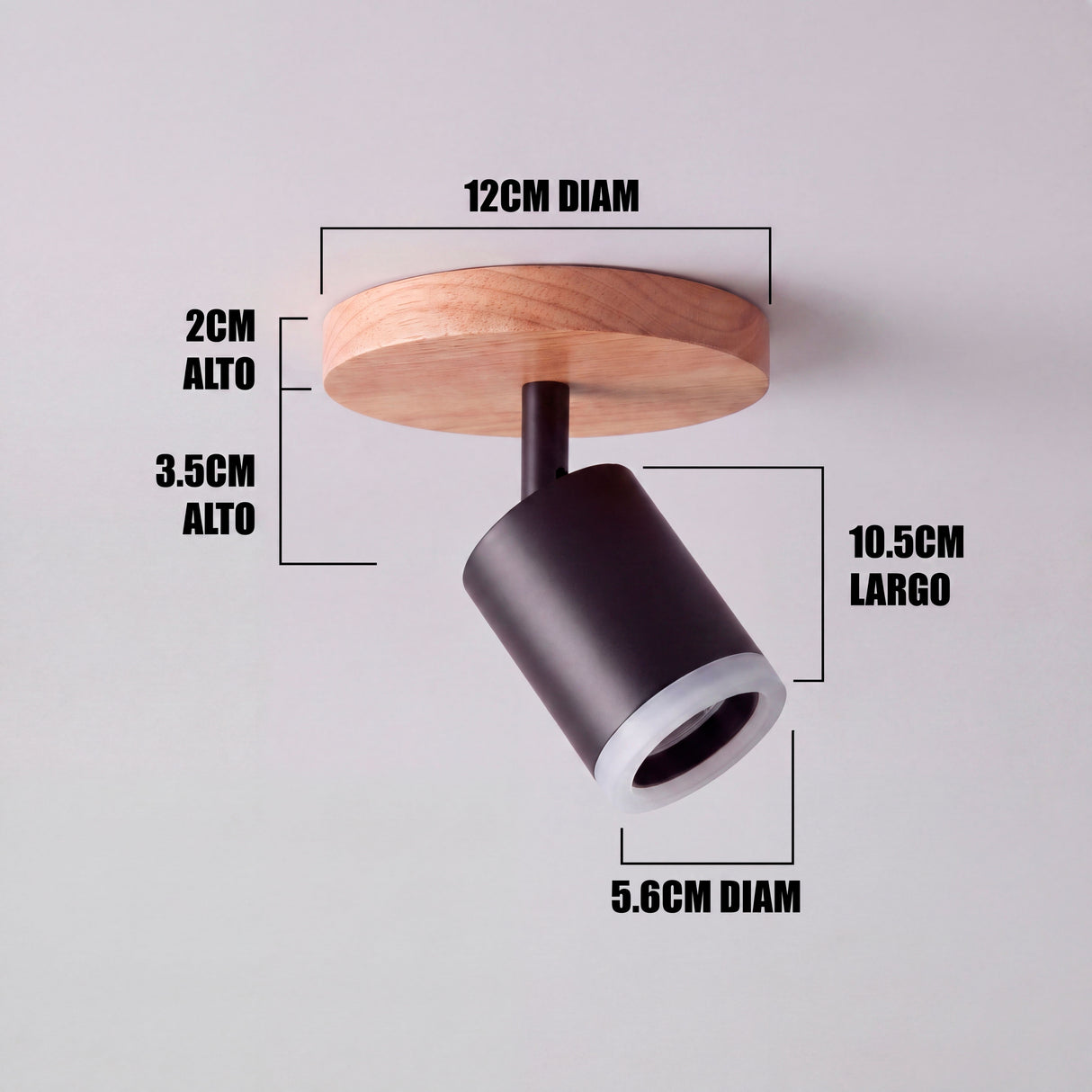 Dimensiones del spot adosable Frida: base de 12 cm y cabezal de 10.5 cm