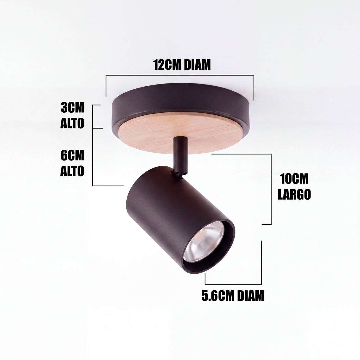 Dimensiones del spot adosable Ingrid: base de 12 cm y cabezal de 10 cm