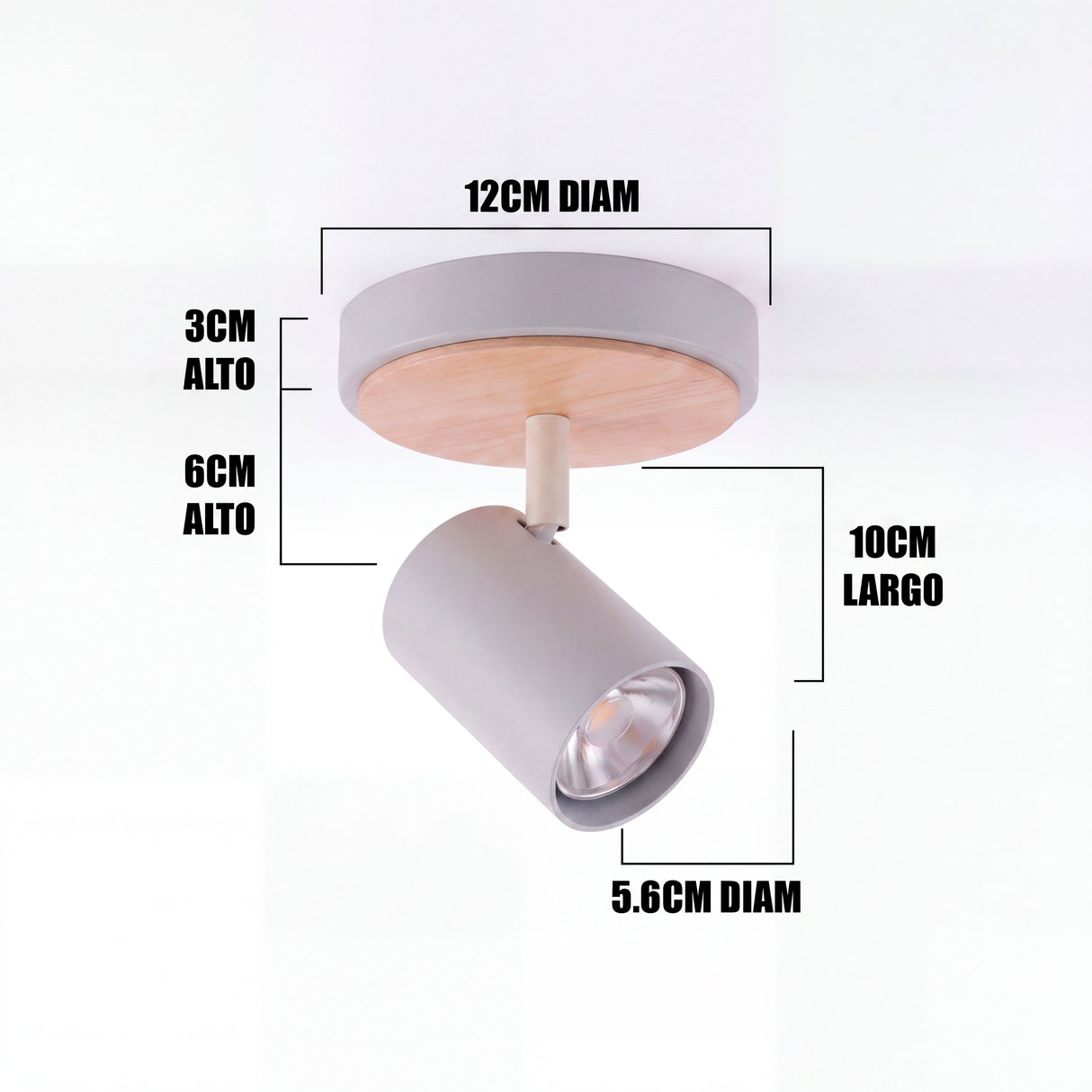 Dimensiones del spot adosable Ingrid White: base de 12 cm y cabezal de 10 cm