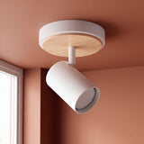 Spot adosable blanco con base de madera y cabezal dirigible en el techo