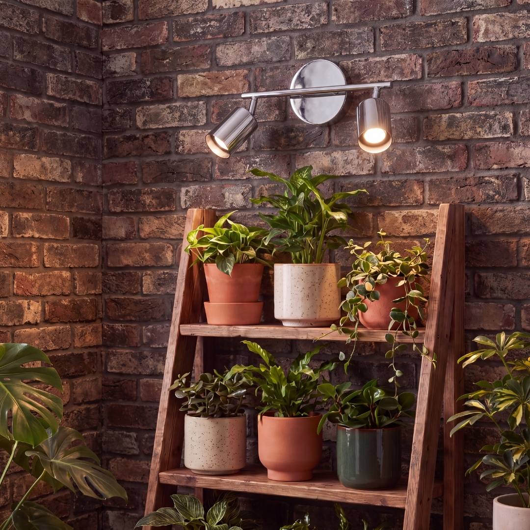 Spot cromado iluminando estante con plantas y luz cálida