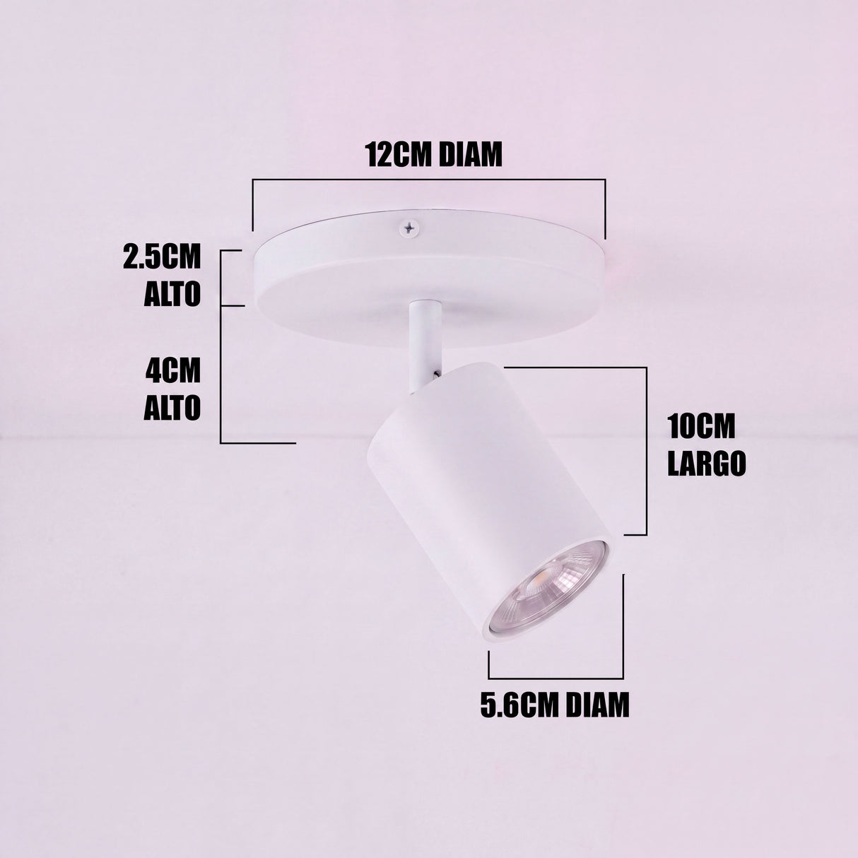 Dimensiones del spot adosable Kira White: base de 12 cm y cabezal de 10 cm