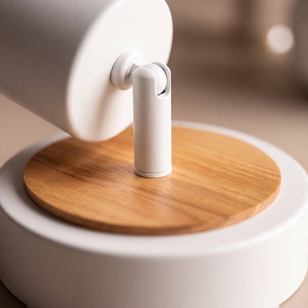 Detalle del disco de madera natural bajo la base blanca del spot