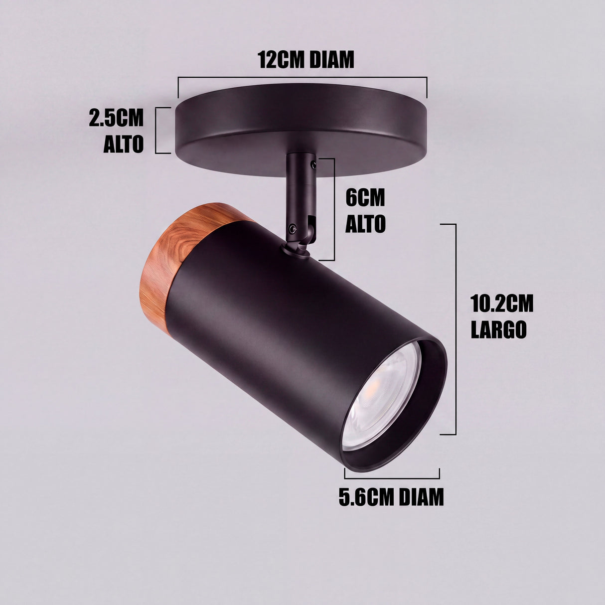 Dimensiones del spot adosable Noa: base de 12 cm y cabezal de 10.2 cm