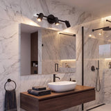 Spot triple negro iluminando el baño con tocador de madera