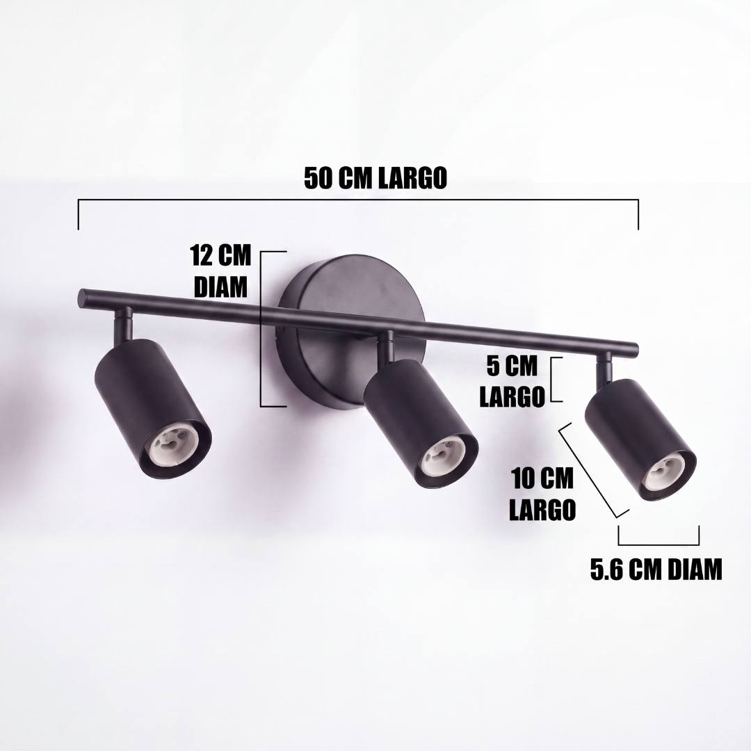 Dimensiones del spot triple Kira Black: barra de 50 cm y cabezales de 10 cm
