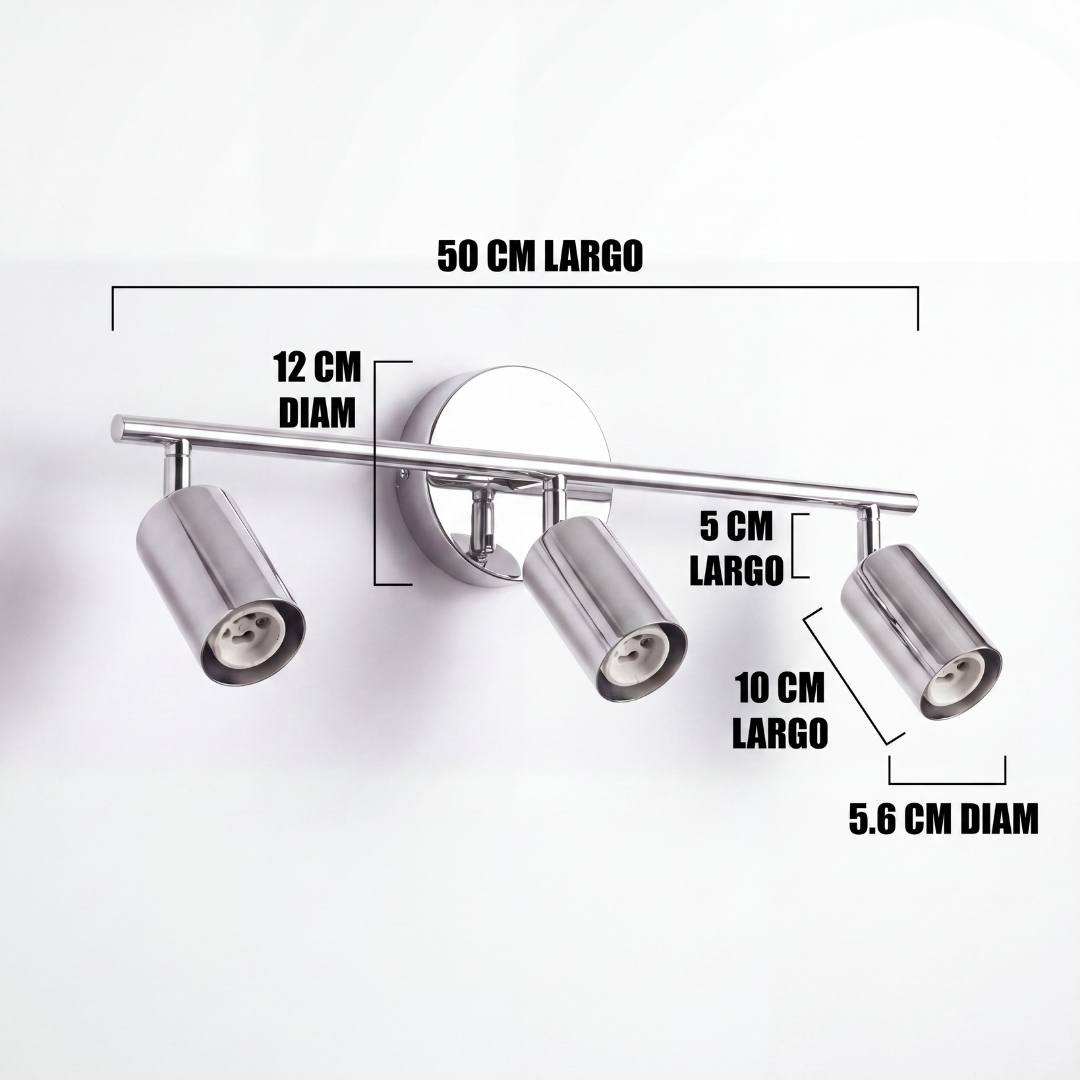 Dimensiones del spot triple Kira Chrome: barra de 50 cm y cabezales de 10 cm