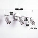Dimensiones del spot triple Kira Chrome: barra de 50 cm y cabezales de 10 cm