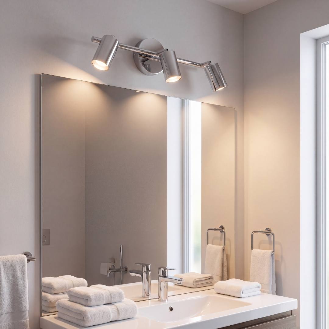 Spot triple cromado iluminando el espejo del baño con luz pareja