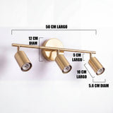 Dimensiones del spot triple Kira Gold: barra de 50 cm y cabezales de 10 cm