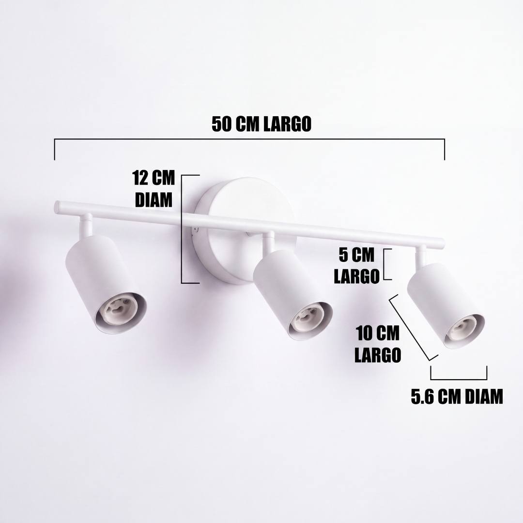 Dimensiones del spot triple Kira White: barra de 50 cm y cabezales de 10 cm