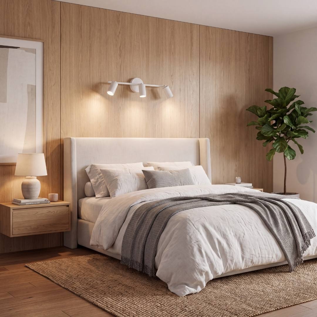 Spot triple iluminando la cabecera del dormitorio con luz cálida
