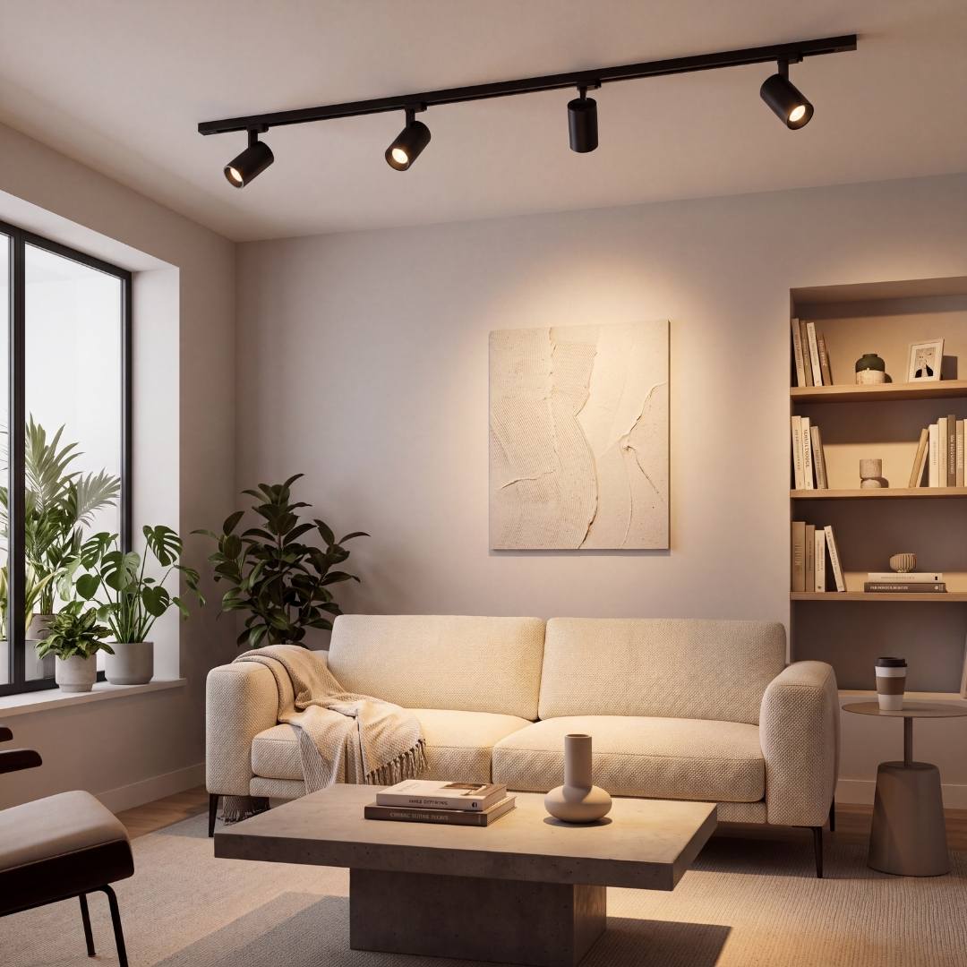 Spots de riel LED LEXI iluminando una sala moderna con luz cálida de acento