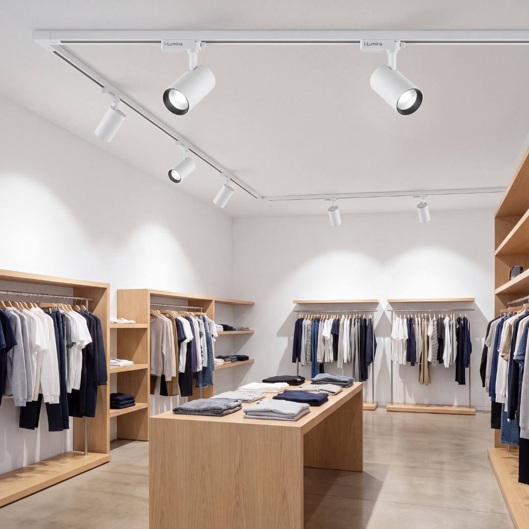 Spots de riel LED ROXY White iluminando percheros de una tienda de ropa