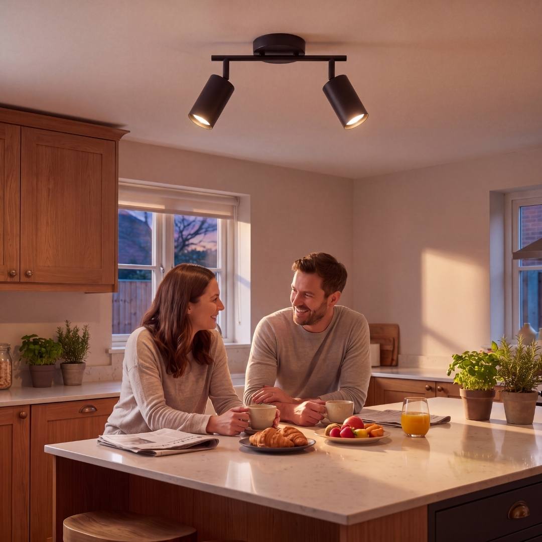 Spot doble de techo iluminando la cocina con dos haces dirigidos