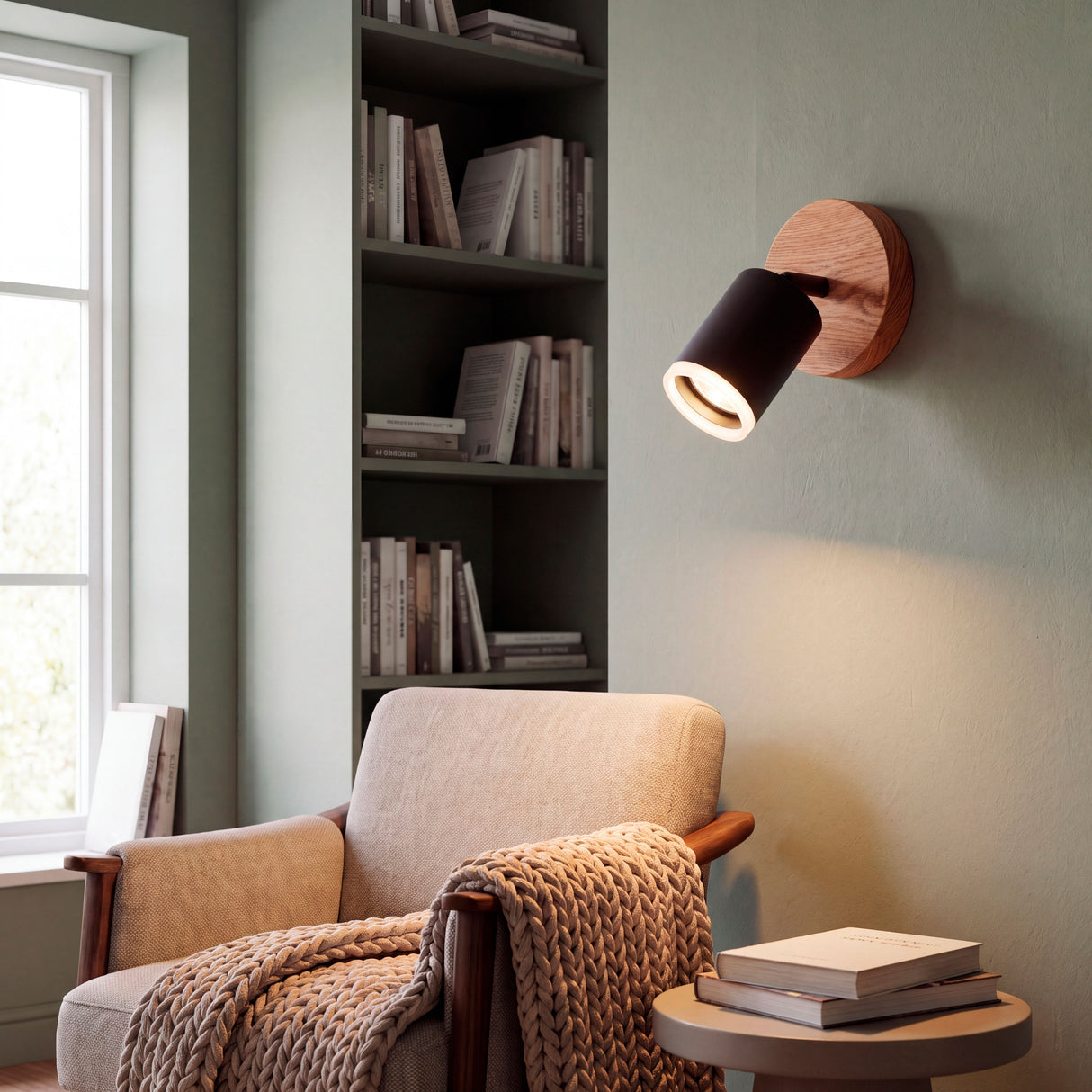 Spot de techo de madera y negro iluminando el espejo del ambiente
