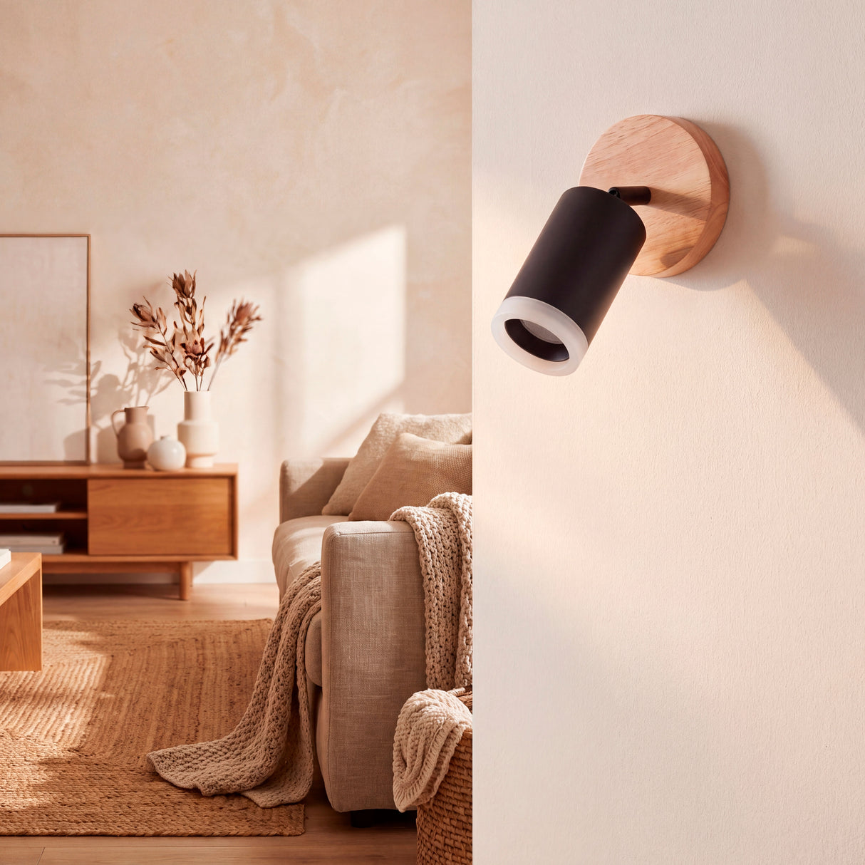 Spot de techo iluminando la sala de estilo nórdico con sillón