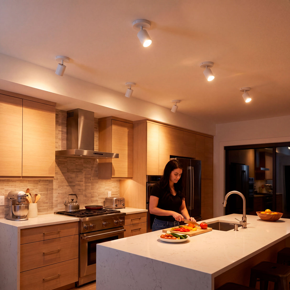 Spots de techo blancos iluminando la cocina con isla central