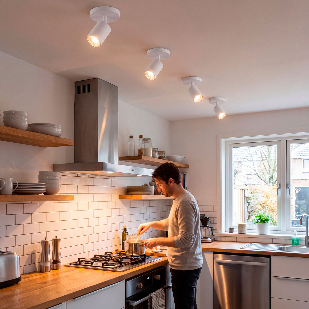 Spots de techo blancos iluminando la cocina con luz dirigida