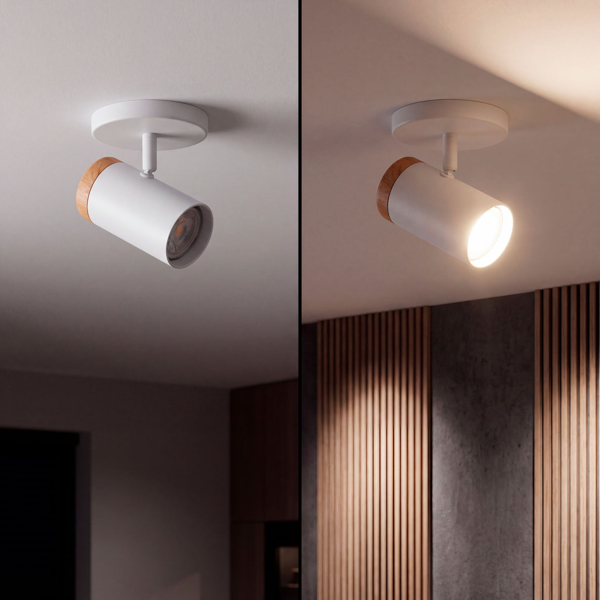 Spot de techo blanco iluminando ambiente con paneles de madera