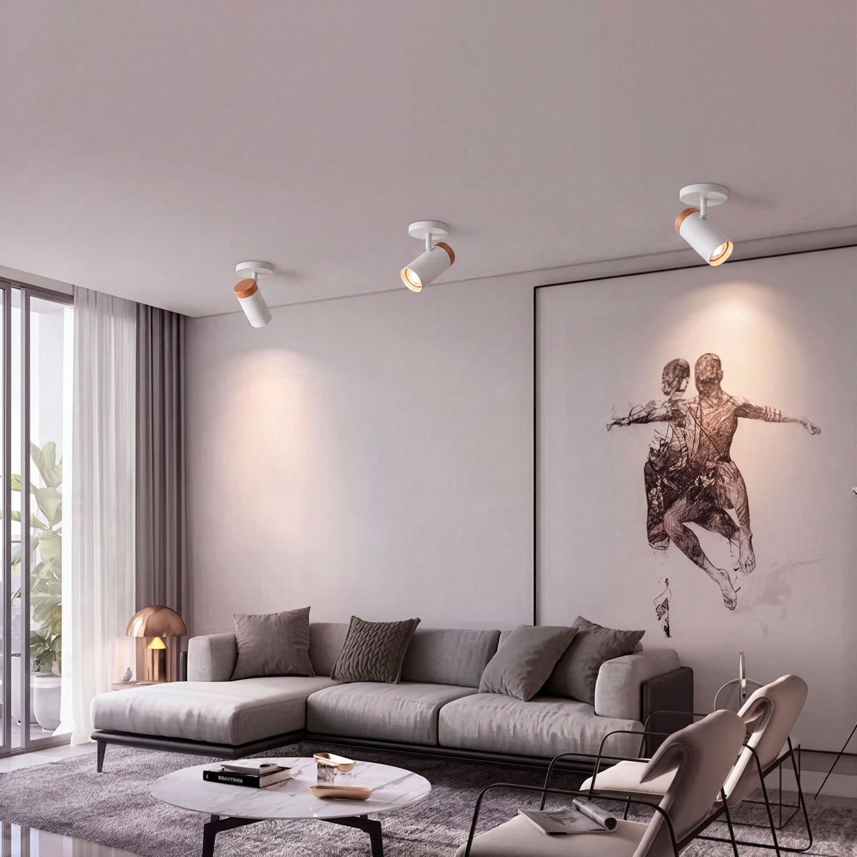 Spots de techo blancos iluminando la sala moderna con luz dirigida